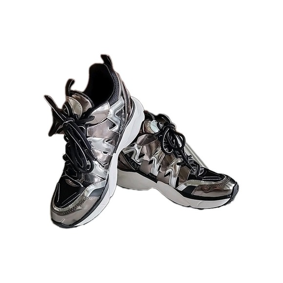 Michael Kors Womens Sneakers Hero Trainer Mirror Metallic Black/Silver EUC 7.5M‎